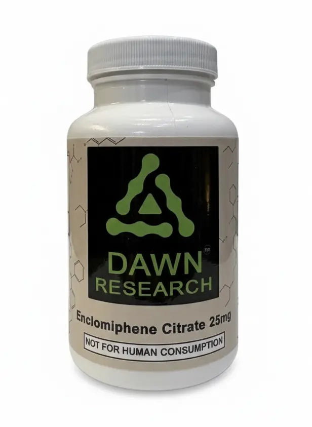 White bottle labeled Enclomiphene Citrate 25mg, research use, not for human consumption.