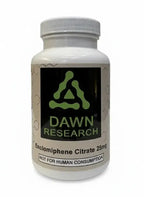 White bottle labeled Enclomiphene Citrate 25mg, research use, not for human consumption.