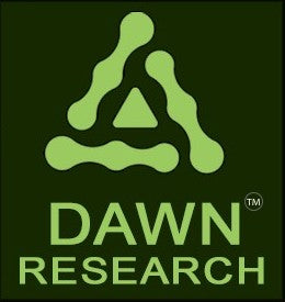 Green molecular logo with text DAWN RESEARCH on a dark background, science branding image.