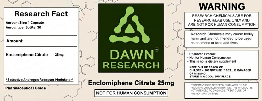 Enclomiphene Citrate 25mg research compound label, not for human consumption, warning text