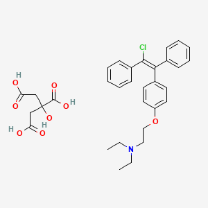 Enclomiphene molecular structure diagram with chemical bonds and labeled atoms.