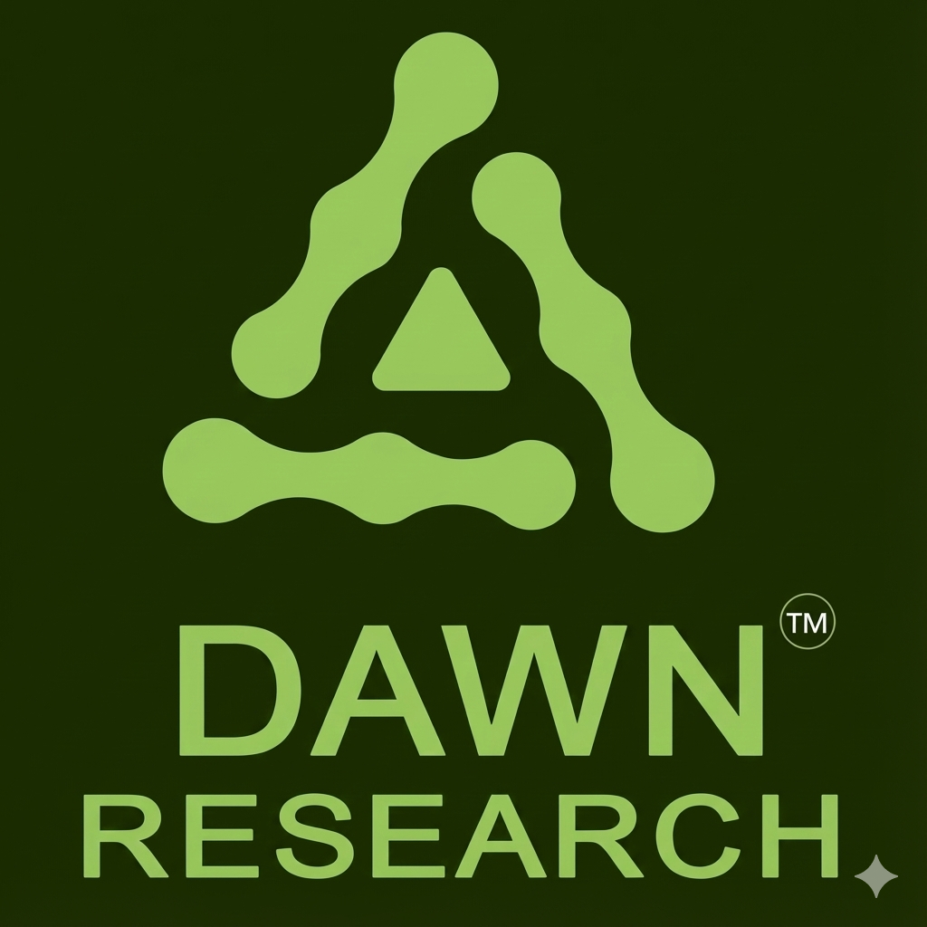 Green geometric research logo with rounded triangle and molecule shapes on dark background