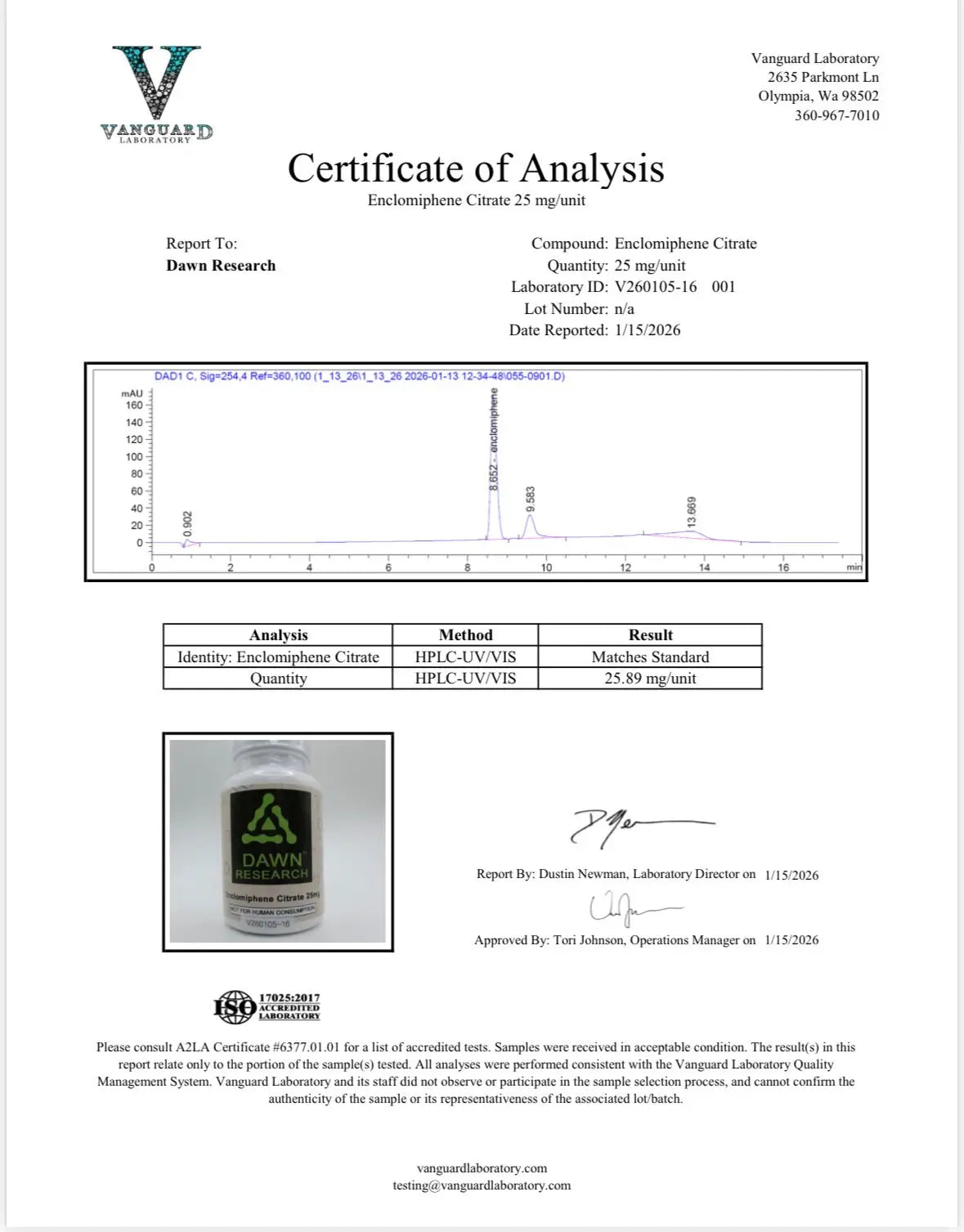 Certificate of analysis for Enclomiphene Citrate 25 mg, lab test results, chemical analysis chart