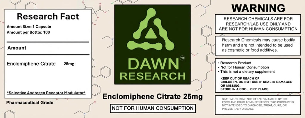 Enclomiphene Citrate 25mg research chemical label with warnings, 100 capsules, not for human use.