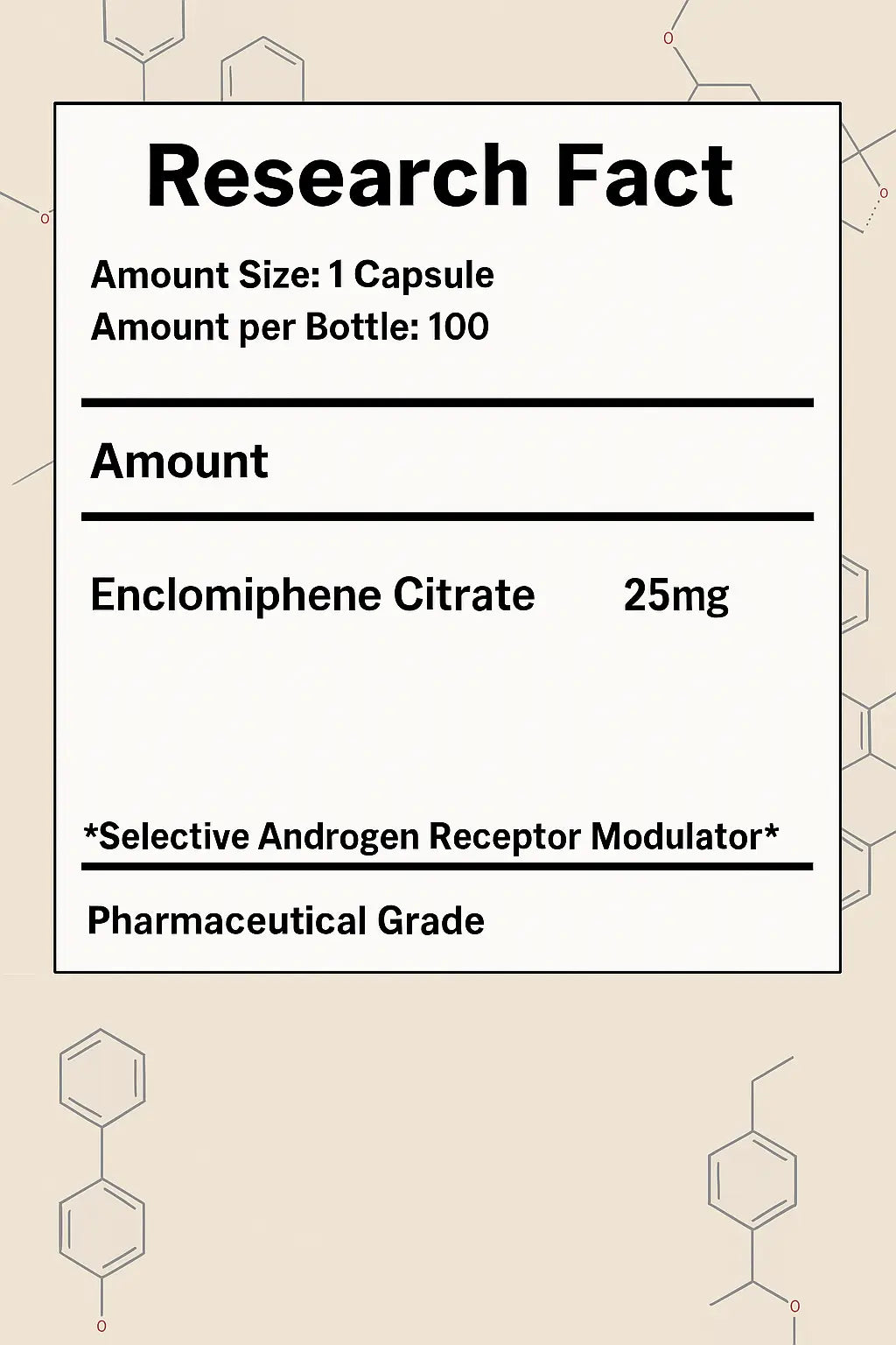 Enclomiphene citrate 25mg capsule research facts label, 100 count, pharmaceutical grade