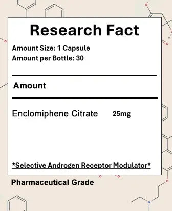 Supplement label showing Enclomiphene Citrate 25mg per capsule, 30 capsules bottle, pharmaceutical grade.