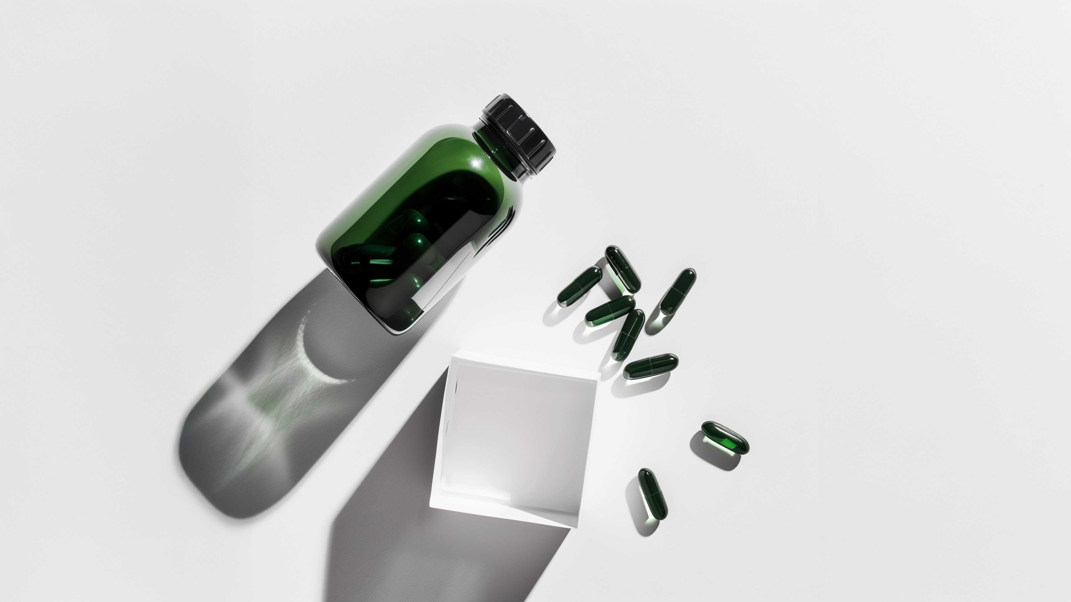 Green supplement capsules with a dark bottle and white box on a minimal white background.